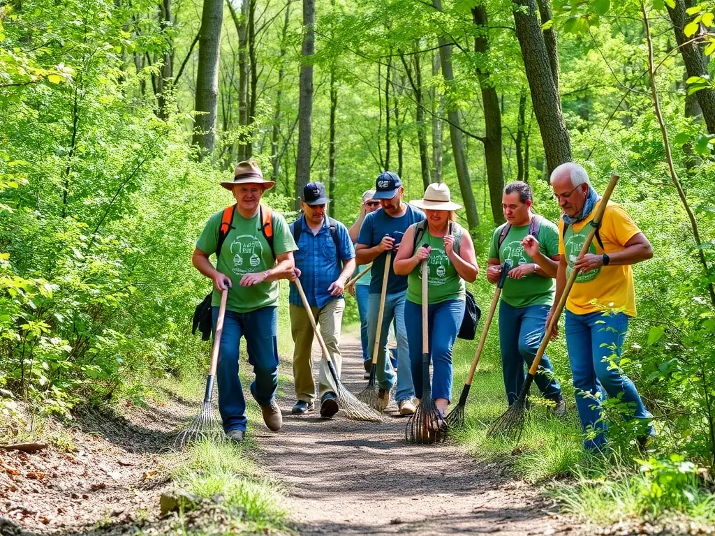 A diverse group of people participating in a trail maintenance activity, clearing debris and ensuring the path is safe and accessible, representing ASSOCIATION FESTIQUAD D ENCHANET's commitment to community involvement.