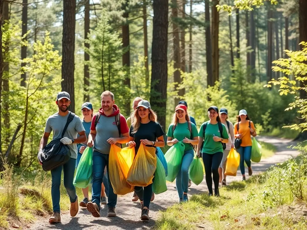 A group of volunteers collecting trash bags filled with waste along a scenic trail in a forest, emphasizing community involvement in environmental cleanup.