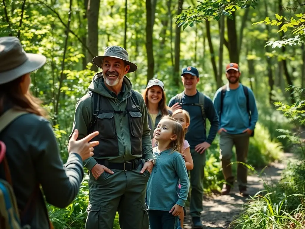 A group of people participating in a guided nature walk, led by an expert who is pointing out interesting features of the local flora and fauna.