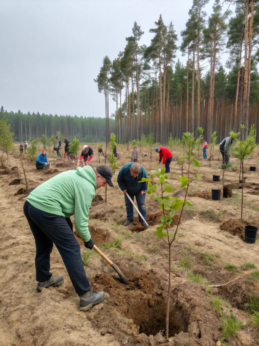 Volunteers planting native trees along a riverbank in Enchanet, France, as part of a reforestation project organized by ASSOCIATION FESTIQUAD D ENCHANET.