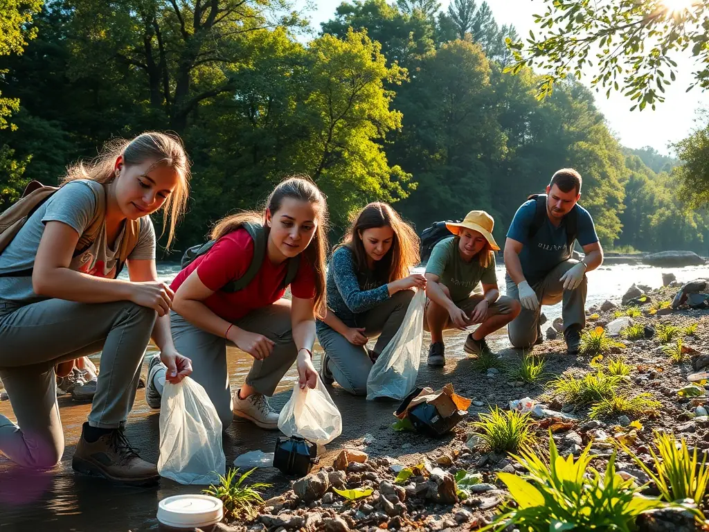 A group of volunteers collecting trash along a scenic trail, with lush greenery in the background, symbolizing the environmental cleanup efforts of ASSOCIATION FESTIQUAD D ENCHANET.