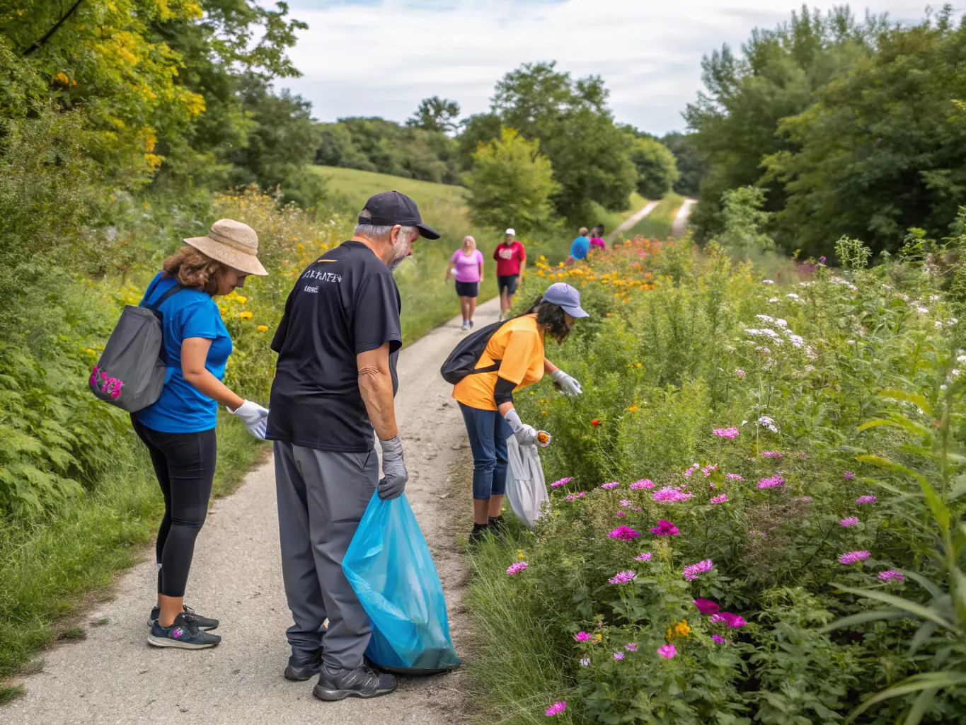 A photo of volunteers working on trail maintenance, clearing brush and repairing pathways in a scenic natural area.