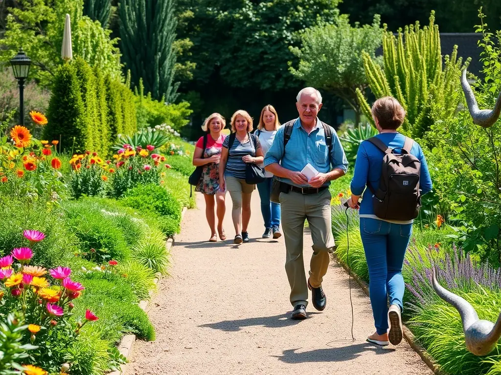 A guide explaining local plant species to a group of children and adults on a forest trail, showcasing the educational aspect of ASSOCIATION FESTIQUAD D ENCHANET's guided nature walks.