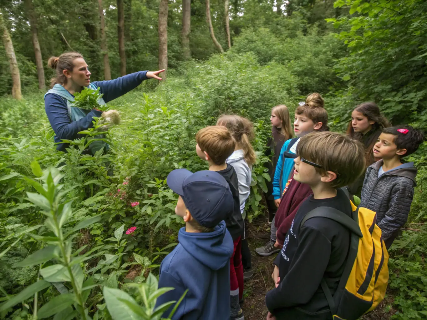 A group of people on a guided nature walk, led by a knowledgeable guide who is pointing out interesting features of the local flora and fauna.